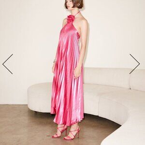 Delfi Collective Pink Pleated Halter Dress Maxi Rosette Detail Flowy Satin